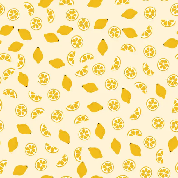 Vector illustration of Pattern of whole and pieces of lemons. Citrus fruit on a yellow background. Cut circle of citron. Randomly scattered.