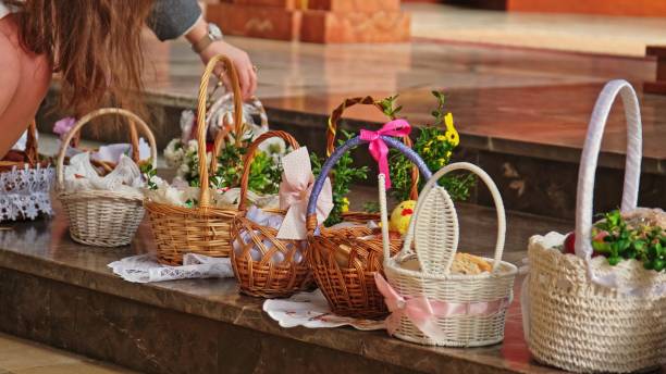 istock Decorated Traditional Polish Easter Baskets Prepared for Blessing on Holy Saturday Church Service 1922840438