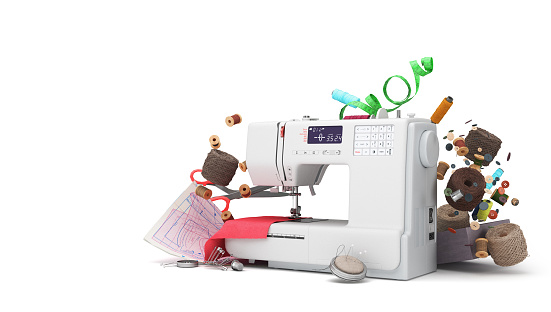 New sewing machine and accessories 3d render on white background