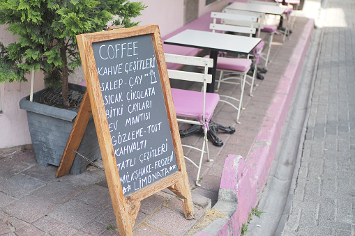 Cafe menu on black board outdoor .