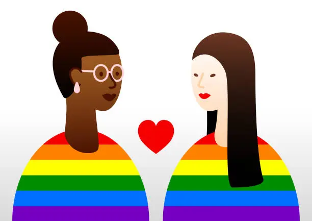 Vector illustration of A lesbian couple in rainbow shirts