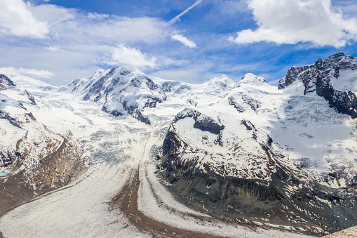 Magnificent panorama of the Pennine Alps with famous Gorner Glacier and impressive snow capped mountains Monte Rosa Massif close to Zermatt, Switzerland