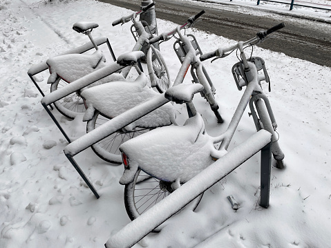 Rental bikes covered in snow.