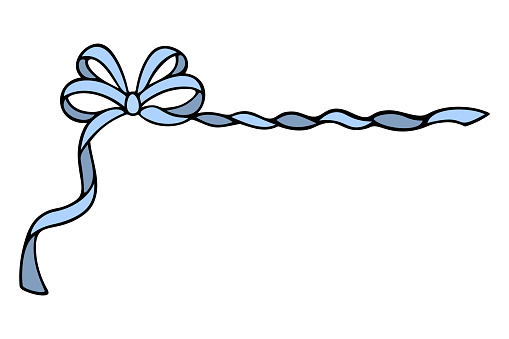 Bow with long blue ribbons. Corner decoration from a beautifully tied bow. Color vector illustration. Isolated background. Cartoon style. Romantic decoration. Idea for web design, invitations, postcards.