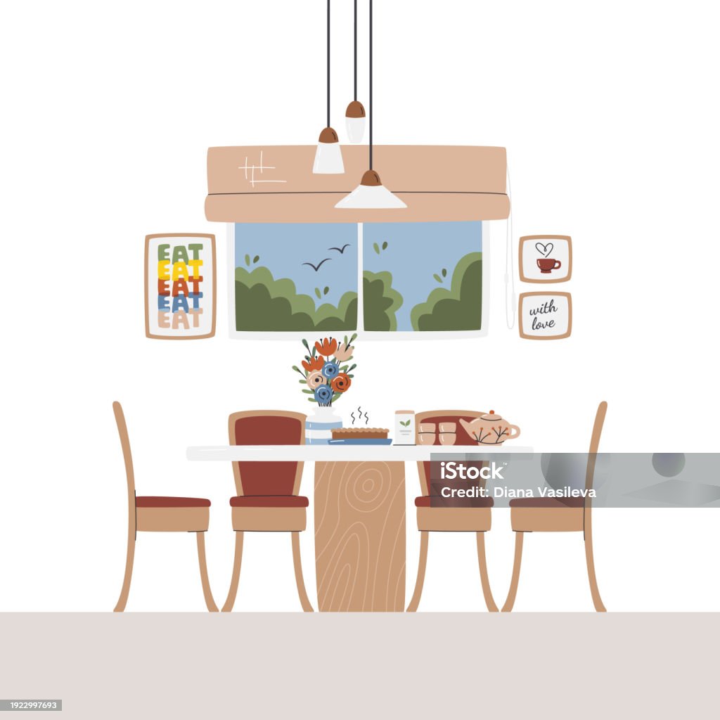 Flat Dining Room Interior Design Scene With Window Stock Illustration ...