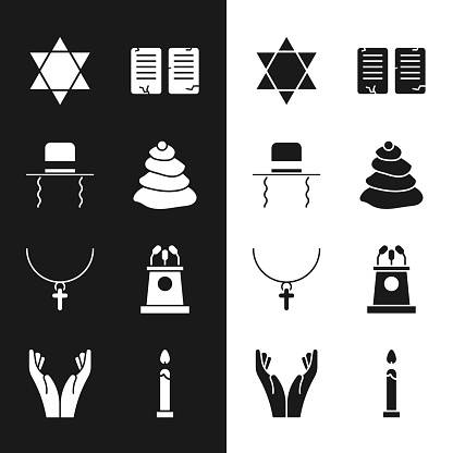 Set Stack hot stones Orthodox jewish hat with sidelocks Star of David The commandments Christian cross chain Stage stand or tribune Burning candle and Hands praying position icon. Vector.