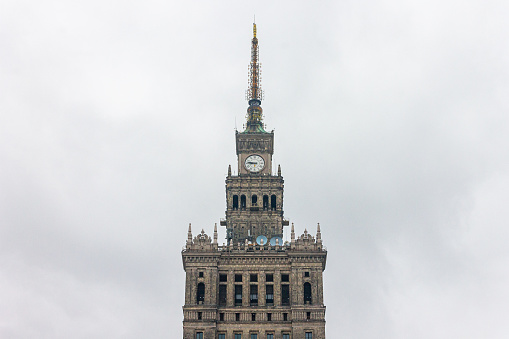 Warsaw, Poland. The Palace of Culture and Science (Palac Kultury i Nauki - PKiN), a high-rise building and clock tower in Stalinist architecture style