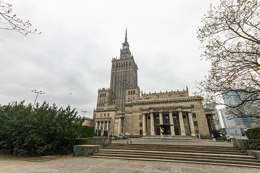 Warsaw, Poland. The Palace of Culture and Science (Palac Kultury i Nauki - PKiN), a high-rise building and clock tower in Stalinist architecture style