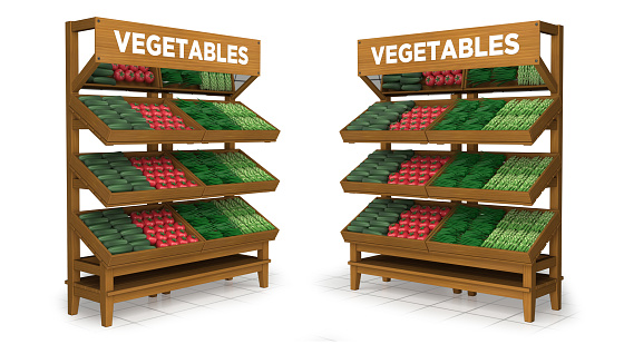 Supermarket wooden vegetable display stand. 3d illustration isolated on white