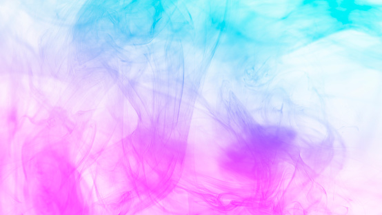 View of clouds of smoke of mixed pink and cyan colors against white background