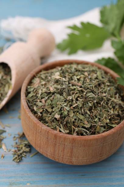 istock Dried parsley in bowl on light blue wooden table, closeup 1923063018