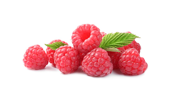 Collection of various falling fresh raspberries isolated on white background