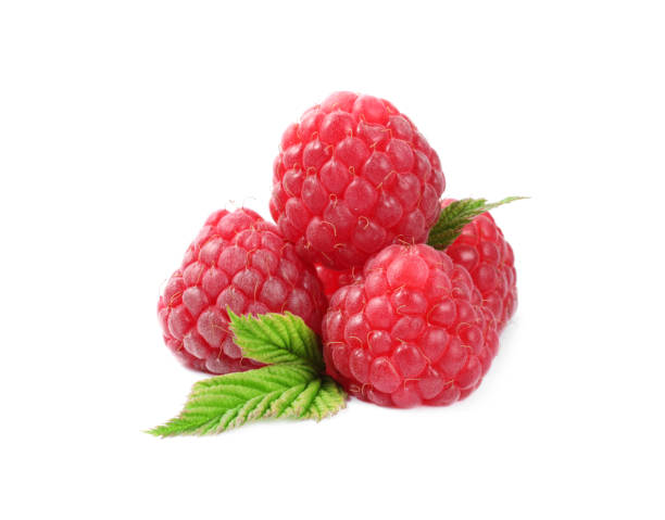 istock Many fresh ripe raspberries and green leaves isolated on white 1923072700