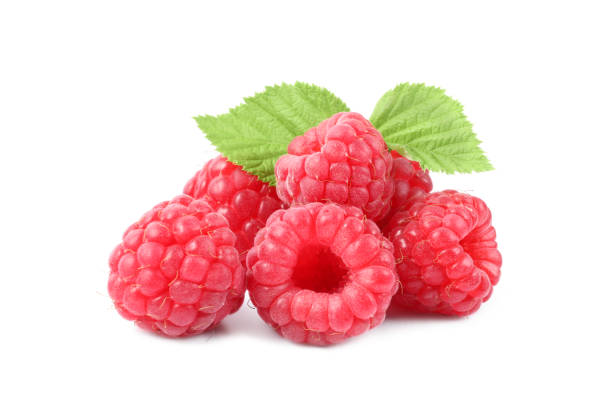 istock Many fresh ripe raspberries and green leaves isolated on white 1923073169