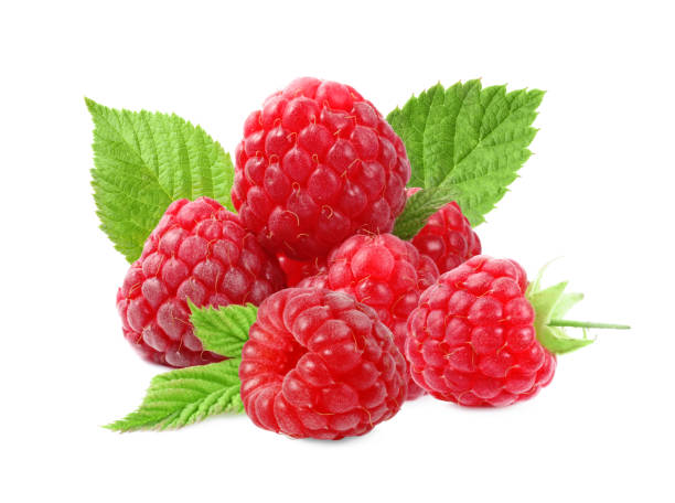 istock Fresh ripe raspberries with green leaves isolated on white 1923074764