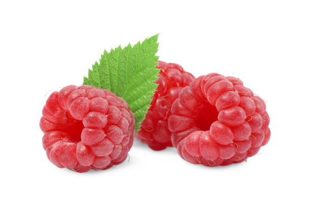 istock Fresh ripe raspberries and green leaves isolated on white 1923075297