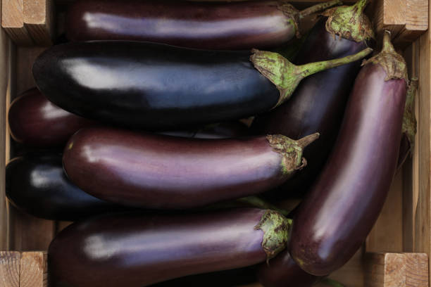 istock Ripe eggplants in wooden crate, top view 1923079540