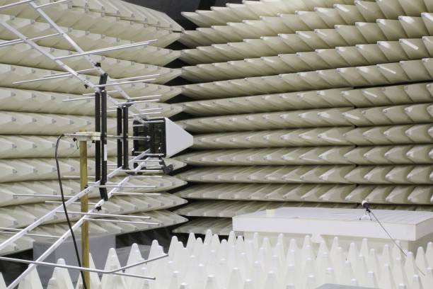 istock Antenna for electromagnetic compatibility radiated immunity testing in a semi anechoic chamber. EMC waves spectrum field GTEM cell laboratory 1923080584