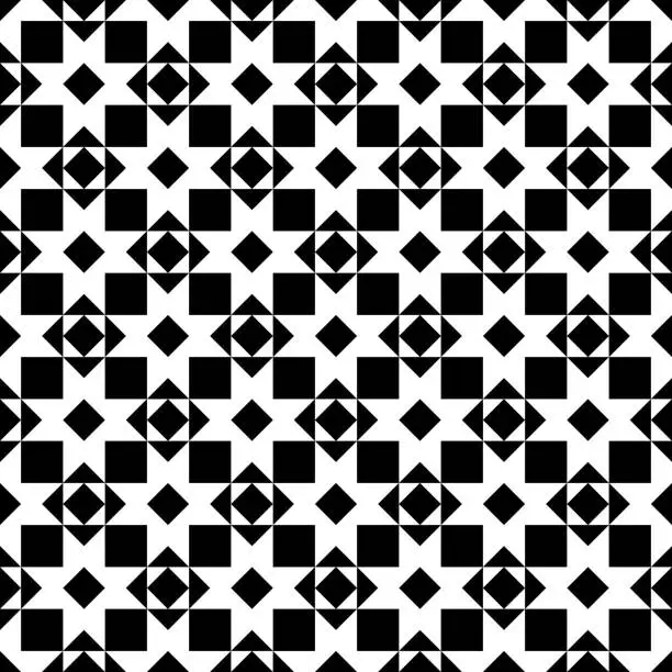 Vector illustration of Triangles, rhombuses, diamonds, squares, checks seamless pattern. Ethnic ornate. Geometric image. Folk ornament. Tribal wallpaper. Geometrical background. Retro motif. Ethnical textile print. Vector.