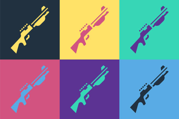 ilustrações de stock, clip art, desenhos animados e ícones de pop art hunting gun icon isolated on color background. hunting shotgun. vector - rifle hunting shotgun gun