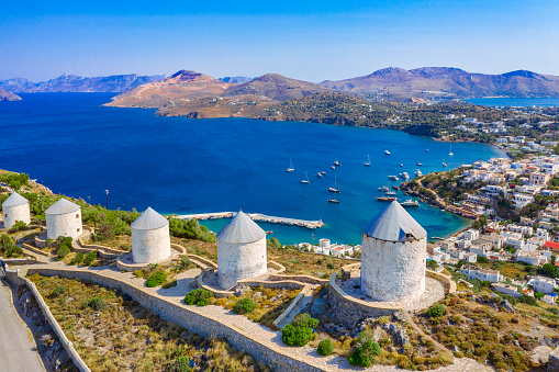 Picturesque village of Agia Marina, windmills and castle of Panteli in Leros island, Greece