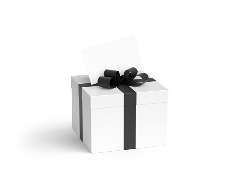 White gift box with black ribbon with celebration card isolated on white background. For Valentine's Day