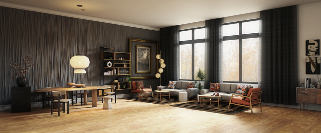 Digitally generated elegant and spacious living room basked in natural light, featuring large windows, stylish modern furniture, and decorative items. The room combines earthy tones with touches of vibrant color, boasting a well-appointed seating area, an intricate wall design, and a sleek wooden floor that complements the aesthetic.\n\nThe scene was created in Autodesk® 3ds Max 2024 with V-Ray 6 and rendered with photorealistic shaders and lighting in Chaos® Vantage with some post-production added.