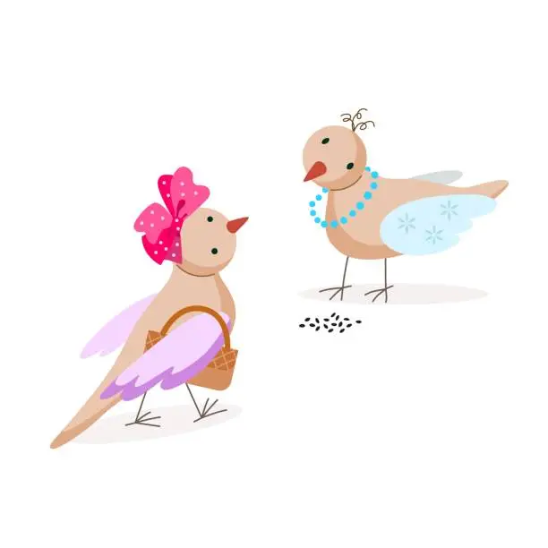 Vector illustration of Fashionable city bird with red bow and expensive branded handbag gives fashionable advice to her country tastelessly dressed friend without hairstyle.