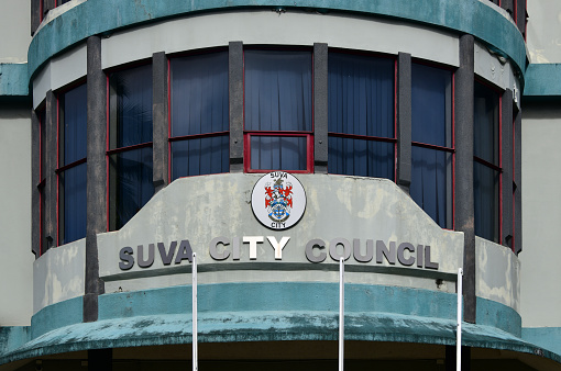Suva, Rewa Province, Central Division, Viti Levu island, Fiji: building of the Suva City Council - headquarters of the city's administration. Suva was made the capital in 1877 after the previous capital, Levuka on Ovalau, proved too small. It was not until 1910 that Suva received city status through the Municipal Constitution Ordinance of 1909.