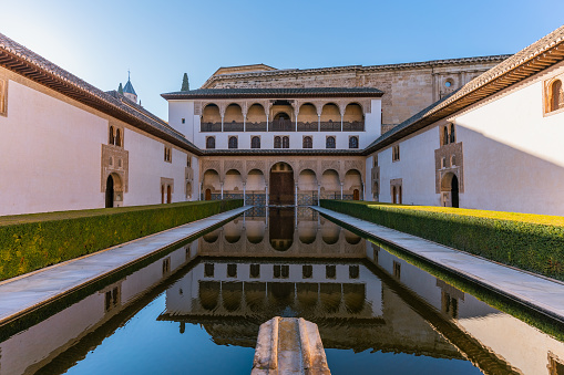 The Courtyard of the Myrtles (Patio de los Arrayanes) in La Alhambra, Granada, Andalusia Spain