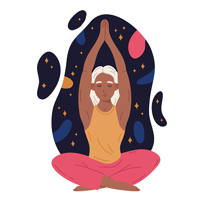 Doodle meditating girl. Female character relief stress in yoga lotus pose, becalmed human meditating concept. Tranquility, calm and meditation flat vector illustration