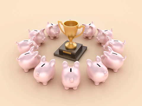 3D Trophy with Piggy Banks - Color Background - 3D Rendering