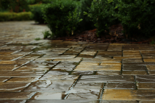 Wet street tiles outdoors on rainy day