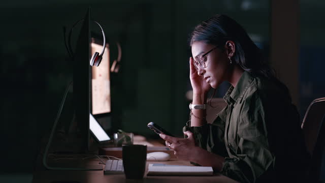 Woman, stress and reading a error on smartphone, desk and connection with 404 glitch for feedback on network. Person, night and anxiety in office by cellphone, typing  and mobile app in workplace