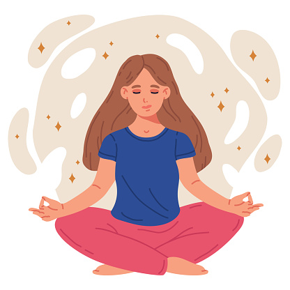 Cartoon meditating woman. Female character sitting in yoga lotus pose, becalmed human meditating. Stress relief and meditation flat vector illustration