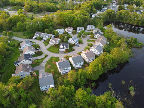 aerial view of residential community near the lake