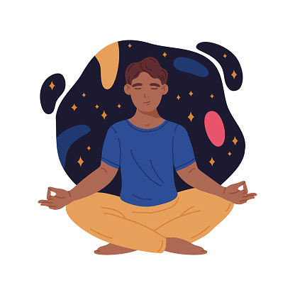 Cartoon meditating man. Doodle male character meditating in yoga lotus pose, tranquility, calm and meditation concept. Becalmed meditating guy flat vector illustration
