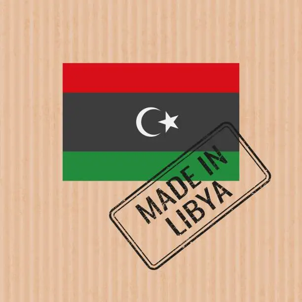 Vector illustration of Made in Libya badge vector. Sticker with Libyan national flag. Ink stamp isolated on paper background.