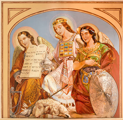 Vicenza- The fresco of angels with the symbols of Old Testament in church Chiesa di Santa Lucia by Rocco Pittaco (1862).