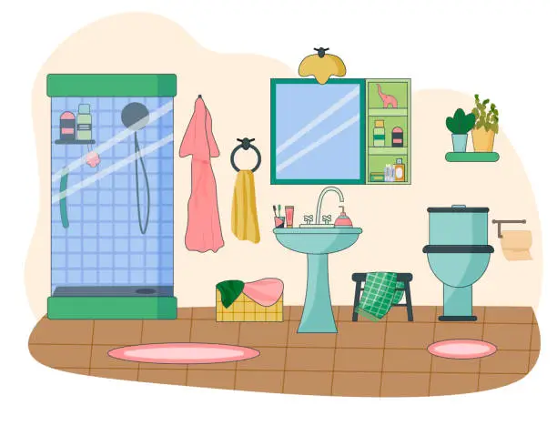 Vector illustration of Bathroom interior with shower. Bathtub with curtain, cabinet and mirror, sink and toilet, hygiene items.