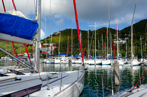 Sailing in the British Virgin Islands, capturing the essence of a perfect day on the water with clear blue skies and the tranquil Caribbean Sea. The sails billowing in the breeze against the backdrop of idyllic islands epitomise the ultimate sailing adventure in this tropical paradise.