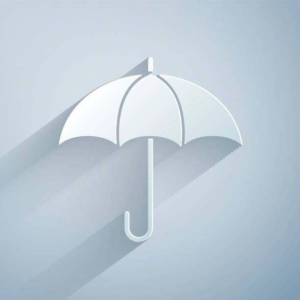 paper cut umbrella icon isolated on grey background. insurance concept. waterproof icon. protection, safety, security concept. paper art style. vector - cutter insect repellant stock illustrations