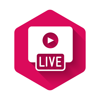 White Live streaming online videogame play icon isolated with long shadow background. Pink hexagon button. Vector.