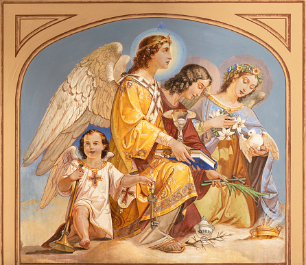 Vicenza - The fresco of angels with the symbols of New Testament in church Chiesa di Santa Lucia by Rocco Pittaco (1862).