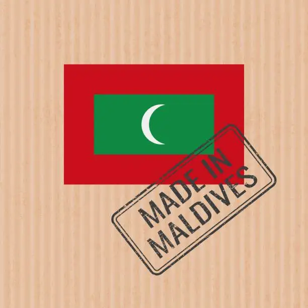 Vector illustration of Made in Maldives badge vector. Sticker with Maldivian national flag. Ink stamp isolated on paper background.