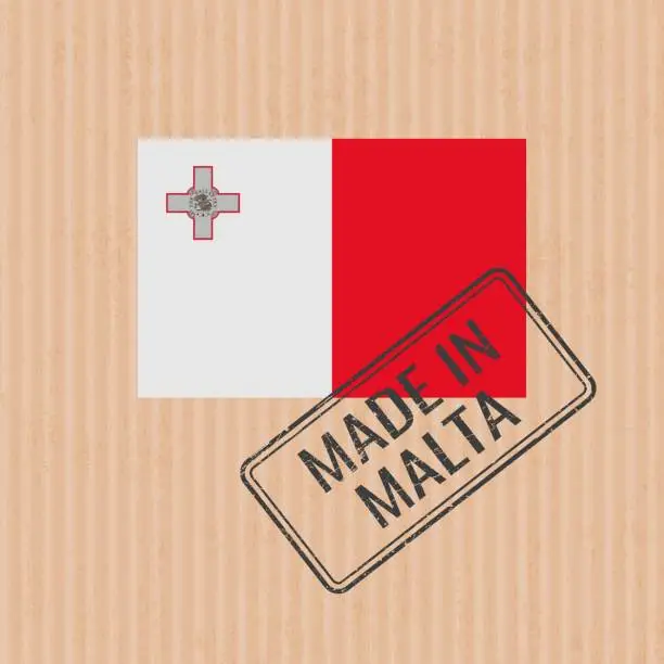 Vector illustration of Made in Malta badge vector. Sticker with Maltese national flag. Ink stamp isolated on paper background.