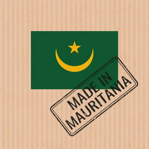Vector illustration of Made in Mauritania badge vector. Sticker with Mauritanian national flag. Ink stamp isolated on paper background.