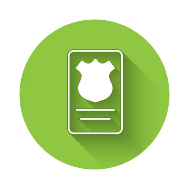 Vector illustration of White Police badge with id case icon isolated with long shadow background. Green circle button. Vector