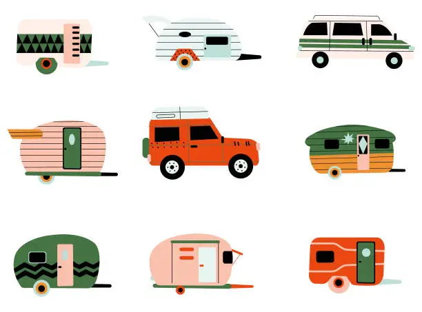 Vector illustration of Collection different camping caravan transportation vector flat illustration. Travel car for outdoor summer active leisure isolated.