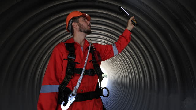 Close-up Safety engineer with red safety uniform and safety harness checking inside of the huge tube at the construction site